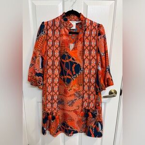 Gretchen Scott Swagger Vibrant Orange and Navy Patterned Dress